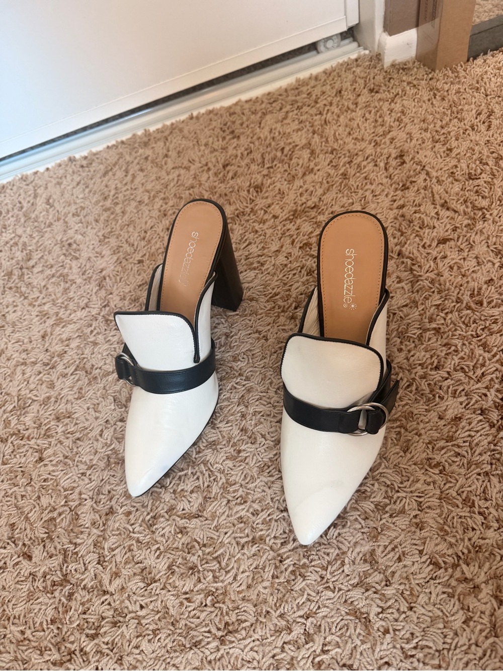 White Pointed Mule Heels with Black Strap